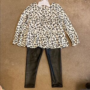 Girls Leopard glitter Top and Black pleather Leggings Set